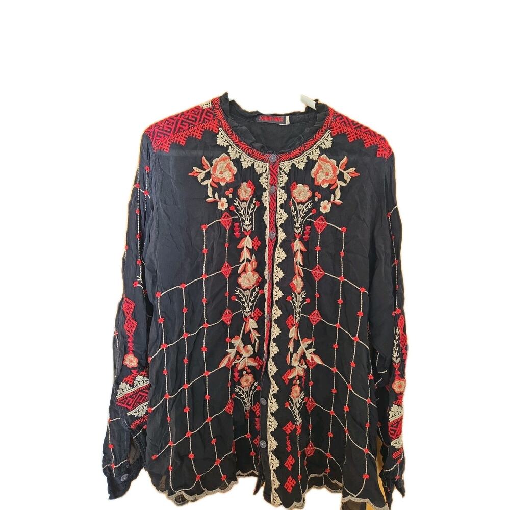 Johnny Was Tinsley Embroidered Georgette Blouse Sanded black Size L